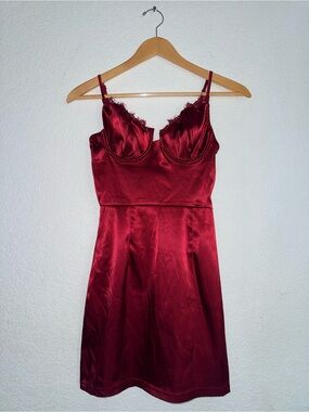 Guess Satin Lace-Trim Dress in Deep Red